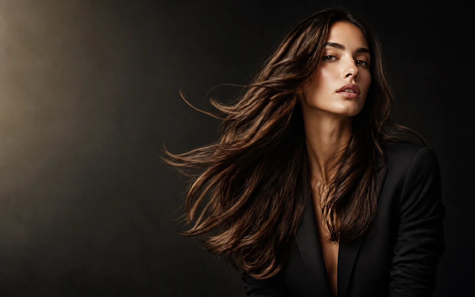 Glossy brunette hair showing polished salon movement